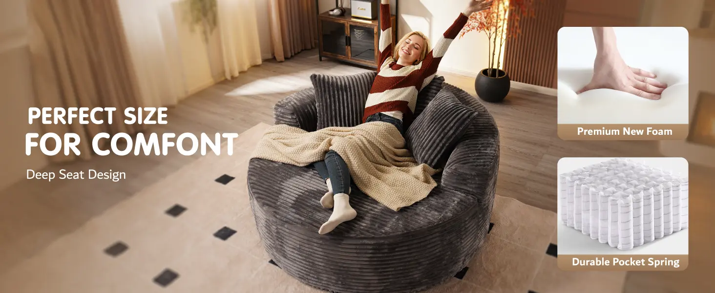 CloudLuxe fotoliu lounge rotund corduroy, detaliu 3